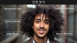 Demographic Data
Facial Landmarks
Sentiment Expressed
Image Quality
안면 분석
General Attributes
 