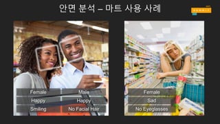 안면 분석 – 마트 사용 사례
Female
Happy
Smiling
Male
No Facial Hair
Happy
Female
Sad
No Eyeglasses
 
