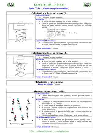 © PCM – www.EscuelaDeFutbol.info - www.escoladefutbol.com
E s c u e l a de F ú t b o l
Sesión Nº. 14 : 90 minutos (aproximadamente)
Calentamiento. Pases en carrera (1).
Material necesario:
• 1 balón por pareja de jugadores.
Realización:
• Se forman parejas de jugadores con un balón por pareja.
• Todos los grupos van pasándose el balón corriendo por todo el largo del
terreno de juego mientras realizan distintos ejercicios de movilidad
articular:
- Rotación de brazos adelante.
- Rotación de brazos atrás.
- Elevación de rodillas a la altura de la cadera.
- Elevación de talones atrás.
- Correr de lado.
- Etc.
Variaciones i Observaciones:
• El estar todos los grupos en el mismo espacio facilita la concentración para
no chocar, esquivar y buscar la línea de pase correcta.
Tiempo Aproximado: 7 minutos.
Calentamiento. Pases en carrera (2).
Material necesario:
• 1 balón por pareja de jugadores.
Realización:
• Se forman parejas de jugadores con un balón por pareja.
• Todos los grupos van pasándose el balón corriendo por todo el largo del
terreno de juego. La diferencia con el anterior ejercicio es que van
cambiándose de posición y conduciendo según se aprecia en el gráfico.
Variaciones i Observaciones:
• El estar todos los grupos en el mismo espacio facilita la concentración para
no chocar, esquivar y buscar la línea de pase correcta.
Tiempo Aproximado: 5 minutos.
Hidratación y Estiramientos
Tiempo Aproximado: 7 minutos.
Mantener la posesión del balón.
Material necesario:
• 1 balón para cada grupo de 9 jugadores. 4 conos por cada terreno a
delimitar.
Realización:
• Delimitamos un terreno de juego mediante 4 conos con unas dimensiones
aproximadas de 12x12 metros.
• Se forman grupos de 9 jugadores separados en equipos de 3.
• Se enfrentan 2 equipos (6 jugadores) en posesión del balón, contra el otro
equipo (3 jugadores).
• Se trata de mantener la posesión del balón; cada 10 pases consecutivos se
anota un punto.
• El equipo del jugador que pierde el balón pasa a ser el equipo defensor.
Variaciones i Observaciones:
• Se puede realizar mediante un determinado tiempo; ejemplo: cada 5
minutos se cambia el equipo defensor. Gana el equipo defensor que
consiga que los contrarios anoten menos puntos.
Tiempo Aproximado: 15 minutos.
 