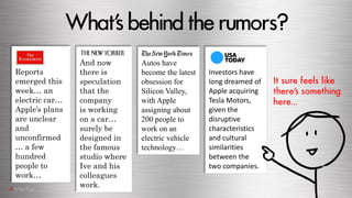 What’sbehindtherumors?
It sure feels like
there’s something
here…
Reports
emerged this
week… an
electric car…
Apple’s plan...