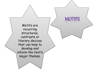 Motifs are
recurring
structures,
contrasts or
literary devices
that can help to
develop and
inform the text’s
major themes.
 