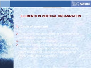 ELEMENTS IN VERTICAL ORGANIZATION
1. Chain of command
 Employees and management are connected
by the chain of command.
 Defines who report to whom.
 In nestle there is a leadership team on top
level management and under the leadership
team middle and junior level management
work under their supervision.
 