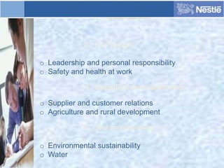 3. Our people
o Leadership and personal responsibility
o Safety and health at work
4. Suppliers and customers
o Supplier and customer relations
o Agriculture and rural development
5. The environment
o Environmental sustainability
o Water
 