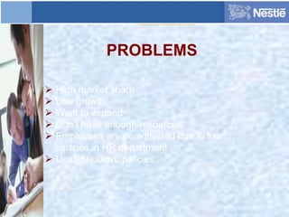 PROBLEMS
 High market share
 Low growth
 Want to expand
 Don’t have enough resources
 Employees are demotivated due to low
salaries in HR department
 Unstable Govt. policies
 