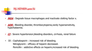 • MOA : Degrade tissue macrophages and inactivate clotting factor x.
• ADR ; Bleeding disorder, thrombocytopenia,rarely hypersensitivity,
hyperkalaemia.
• CI : Severe hypertension,bleeding disorders, cirrhosis, renal failure
• DI : Cephalosporin : increased risk of bleeding.
Nitroglycerin : efficacy of heparin decreased.
Penicillin : addictive effects on heparin,increased risk of bleeding.
INJ. HEPARIN4000 IU
 