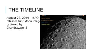 THE TIMELINE
August 22, 2019 - ISRO
releases first Moon image
captured by
Chandrayaan-2
 