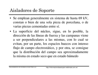 Aisladores de Soporte
• Se emplean generalmente en sistema de hasta 69 kV,
constan o bien de una sola pieza de porcelana, o de
varias piezas cementadas entre sí.
• La superficie del núcleo, sigue, en lo posible, la
dirección de las líneas de fuerza y las campanas viene
a ser perpendiculares a las mismas, con lo cual se
evitan, por un parte, los espacios huecos con intenso
flujo de campo electrostático, y por otra, se consigue
que la distribución del campo sea aproximadamente
la misma en estado seco que en estado húmedo
TRANSMISION DE ENERGIA ELECTRICA II http://informacionclasesiupsm.webnode.com.ve/
 