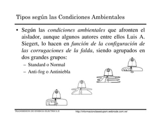 Tipos según las Condiciones Ambientales
• Según las condiciones ambientales que afronten el
aislador, aunque algunos autores entre ellos Luis A.
Siegert, lo hacen en función de la configuración de
las corrugaciones de la falda, siendo agrupados en
dos grandes grupos:
– Standard o Normal
– Anti-fog o Antiniebla
TRANSMISION DE ENERGIA ELECTRICA II http://informacionclasesiupsm.webnode.com.ve/
 
