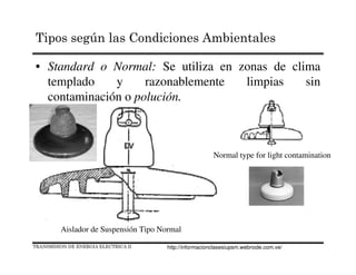 • Standard o Normal: Se utiliza en zonas de clima
templado y razonablemente limpias sin
contaminación o polución.
Aislador de Suspensión Tipo Normal
Normal type for light contamination
TRANSMISION DE ENERGIA ELECTRICA II
Tipos según las Condiciones Ambientales
http://informacionclasesiupsm.webnode.com.ve/
 