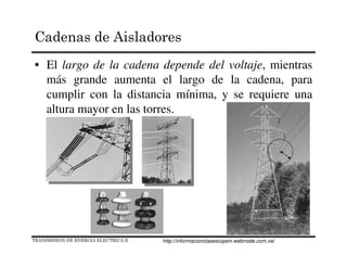 Cadenas de Aisladores
• El largo de la cadena depende del voltaje, mientras
más grande aumenta el largo de la cadena, para
cumplir con la distancia mínima, y se requiere una
altura mayor en las torres.
TRANSMISION DE ENERGIA ELECTRICA II http://informacionclasesiupsm.webnode.com.ve/
 
