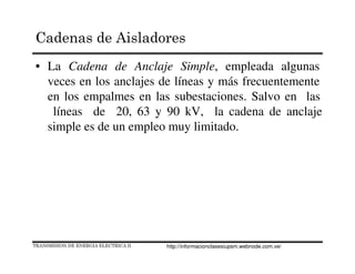 • La Cadena de Anclaje Simple, empleada algunas
veces en los anclajes de líneas y más frecuentemente
en los empalmes en las subestaciones. Salvo en las
líneas de 20, 63 y 90 kV, la cadena de anclaje
simple es de un empleo muy limitado.
TRANSMISION DE ENERGIA ELECTRICA II
Cadenas de Aisladores
http://informacionclasesiupsm.webnode.com.ve/
 