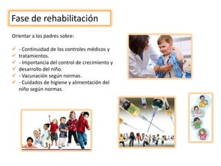 Fase de rehabilitación
Orientar a los padres sobre:
 - Continuidad de los controles médicos y
 tratamientos.
 - Importancia del control de crecimiento y
 desarrollo del niño.
 - Vacunación según normas.
 - Cuidados de higiene y alimentación del
niño según normas.
 