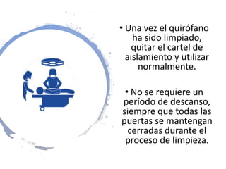 • Una vez el quirófano
ha sido limpiado,
quitar el cartel de
aislamiento y utilizar
normalmente.
• No se requiere un
período de descanso,
siempre que todas las
puertas se mantengan
cerradas durante el
proceso de limpieza.
 