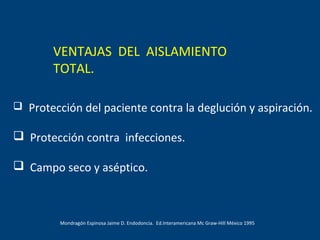  Protección del paciente contra la deglución y aspiración.
 Protección contra infecciones.
 Campo seco y aséptico.
VENTAJAS DEL AISLAMIENTO
TOTAL.
Mondragón Espinosa Jaime D. Endodoncia. Ed.Interamericana Mc Graw-Hill México 1995
 