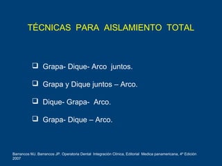 TÉCNICAS PARA AISLAMIENTO TOTAL
 Grapa- Dique- Arco juntos.
 Grapa y Dique juntos – Arco.
 Dique- Grapa- Arco.
 Grapa- Dique – Arco.
Barrancos MJ. Barrancos JP. Operatoria Dental Integración Clínica, Editorial Medica panamericana, 4º Edición
2007
 