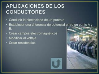 • Conducir la electricidad de un punto a
• Establecer una diferencia de potencial entre un punto A y
  B.
• Crear campos electromagnéticos
• Modificar el voltaje
• Crear resistencias
 