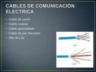 •   Cable de pares
•   Cable coaxial
•   Cable apantallado
•   Cable de par trenzado
•   Hilo de Litz
 