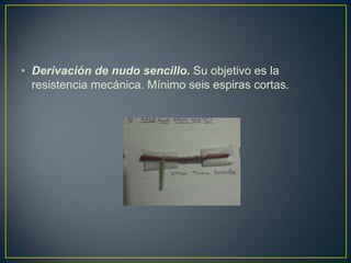 • Derivación de nudo sencillo. Su objetivo es la
  resistencia mecánica. Mínimo seis espiras cortas.
 