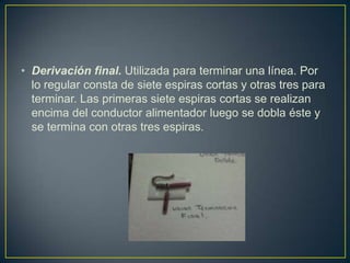 • Derivación final. Utilizada para terminar una línea. Por
  lo regular consta de siete espiras cortas y otras tres para
  terminar. Las primeras siete espiras cortas se realizan
  encima del conductor alimentador luego se dobla éste y
  se termina con otras tres espiras.
 