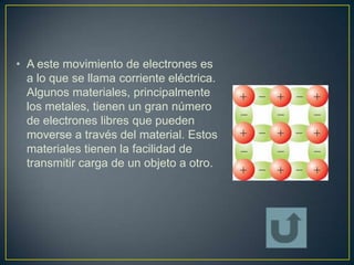 • A este movimiento de electrones es
  a lo que se llama corriente eléctrica.
  Algunos materiales, principalmente
  los metales, tienen un gran número
  de electrones libres que pueden
  moverse a través del material. Estos
  materiales tienen la facilidad de
  transmitir carga de un objeto a otro.
 