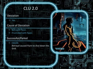 Frustrated with Flynn. Successful/FailedFAILED. Betrayal caused Flynn to shut down the Grid.A.I.No. of Slide Design9Font(s) used Calibri