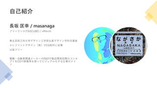 自己紹介
長坂 匡幸 / masanaga
フリーランス(TASCUBE) / xRArchi
東北芸術工科大学デザイン工学部生産デザイン学科卒業後
エレファントデザイン（株）でCG制作に従事
以後フリー
電機・自動車関連メーカーのR&Dや製品...