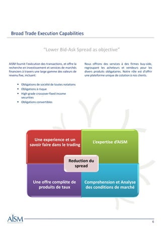 Broad Trade Execution Capabilities


                           “Lower Bid-Ask Spread as objective”

AISM fournit l'exécution des transactions, et offre la   Nous offrons des services à des firmes buy-side,
recherche en investissement et services de marchés       regroupant les acheteurs et vendeurs pour les
financiers à travers une large gamme des valeurs de      divers produits obligataires. Notre rôle est d’offrir
revenu fixe, incluant:                                   une plateforme unique de cotation à nos clients.

         Obligations de société de toutes notations
         Obligations à risque
         High-grade crossover fixed income
         securities
         Obligations convertibles




                  Une experience et un
                                                               L’expertise d’AISM
                savoir faire dans le trading


                                               Reduction du
                                                  spread


                   Une offre complète de                 Comprehension et Analyse
                     produits de taux                    des conditions de marché




                                                                                                                 6
 