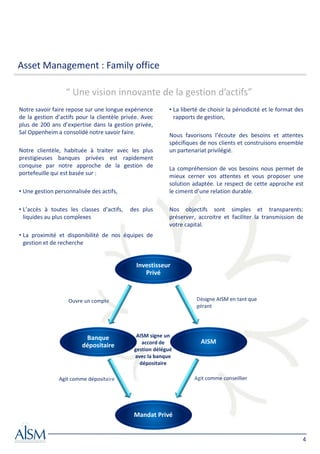 Asset Management : Family office

                  “ Une vision innovante de la gestion d’actifs”
Notre savoir faire repose sur une longue expérience       • La liberté de choisir la périodicité et le format des
de la gestion d’actifs pour la clientèle privée. Avec       rapports de gestion,
plus de 200 ans d’expertise dans la gestion privée,
Sal Oppenheim a consolidé notre savoir faire.             Nous favorisons l’écoute des besoins et attentes
                                                          spécifiques de nos clients et construisons ensemble
Notre clientèle, habituée à traiter avec les plus         un partenariat privilégié.
prestigieuses banques privées est rapidement
conquise par notre approche de la gestion de              La compréhension de vos besoins nous permet de
portefeuille qui est basée sur :                          mieux cerner vos attentes et vous proposer une
                                                          solution adaptée. Le respect de cette approche est
• Une gestion personnalisée des actifs,                   le ciment d’une relation durable.

• L’accès à toutes les classes d’actifs,   des plus       Nos objectifs sont simples et transparents:
  liquides au plus complexes                              préserver, accroitre et faciliter la transmission de
                                                          votre capital.
• La proximité et disponibilité de nos équipes de
  gestion et de recherche


                                              Investisseur
                                                 Privé



                   Ouvre un compte                                   Désigne AISM en tant que
                                                                     gérant




                         Banque               AISM signe un
                                                accord de             AISM
                        dépositaire
                                             gestion délégué
                                             avec la banque
                                               dépositaire

               Agit comme dépositaire                               Agit comme conseillier




                                             Mandat Privé


                                                                                                                4
 