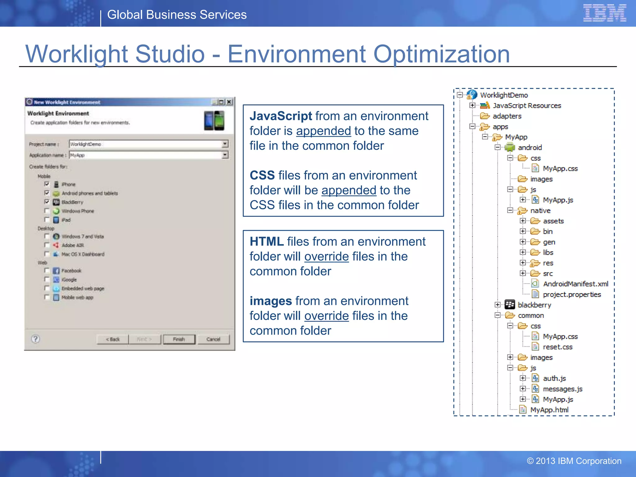 Global Business Services
© 2013 IBM Corporation
Worklight Studio - Environment Optimization
JavaScript from an environment
folder is appended to the same
file in the common folder
CSS files from an environment
folder will be appended to the
CSS files in the common folder
HTML files from an environment
folder will override files in the
common folder
images from an environment
folder will override files in the
common folder
 