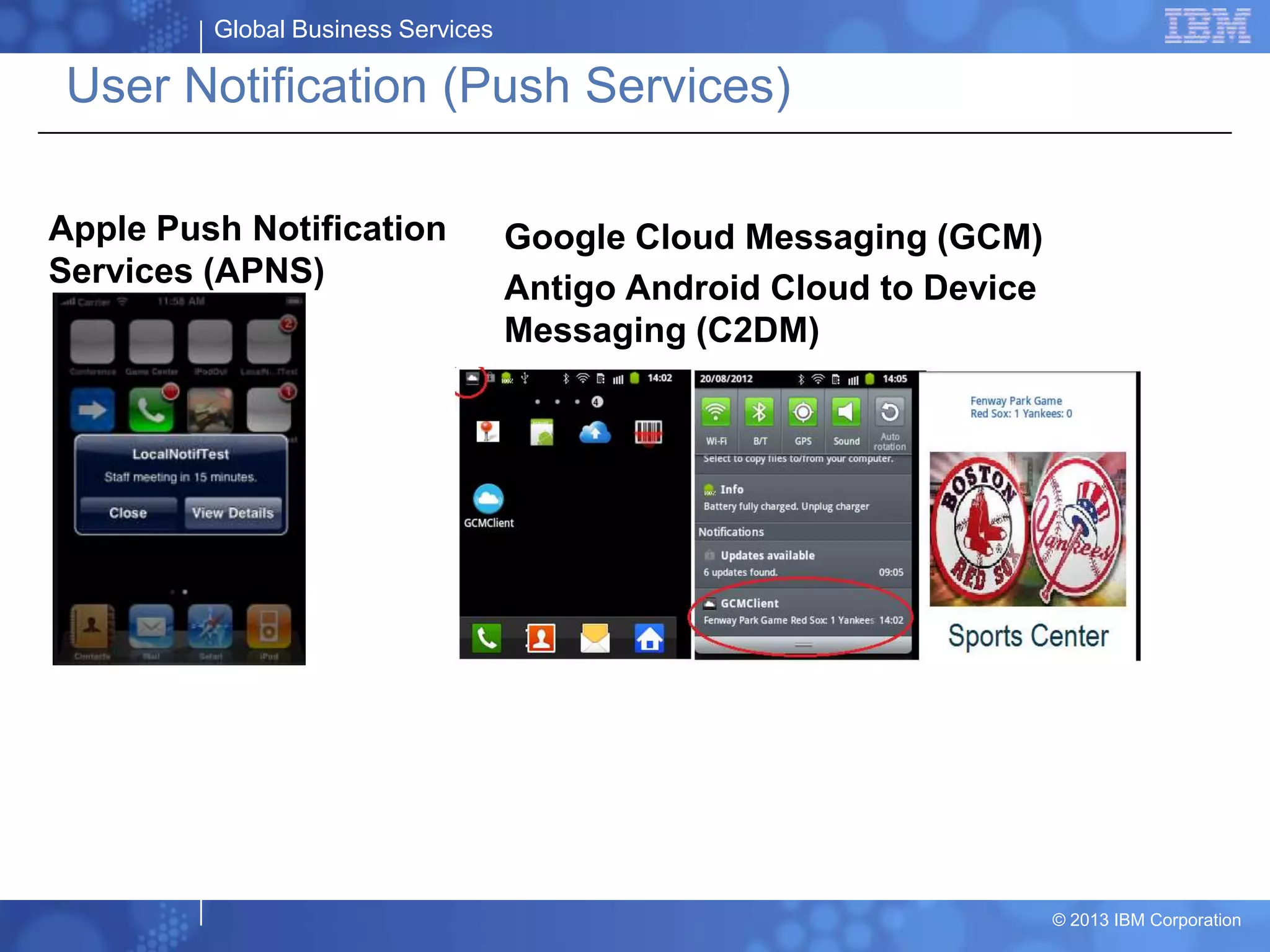 Global Business Services
© 2013 IBM Corporation
User Notification (Push Services)
Apple Push Notification
Services (APNS)
Google Cloud Messaging (GCM)
Antigo Android Cloud to Device
Messaging (C2DM)
 