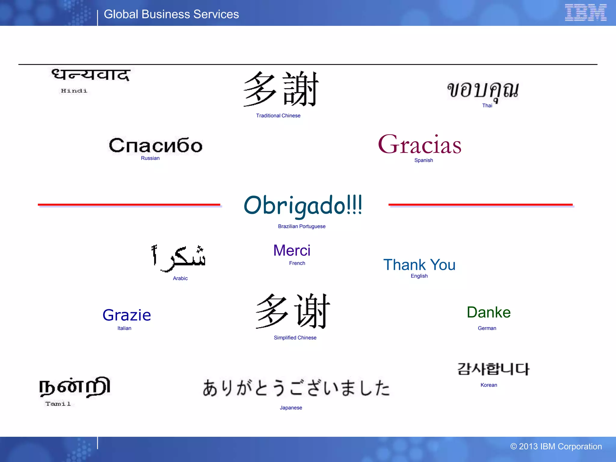 Global Business Services
© 2013 IBM Corporation
Thank You
Merci
Grazie
Gracias
Obrigado!!!
Danke
Japanese
English
French
Russian
GermanItalian
Spanish
Brazilian Portuguese
Arabic
Traditional Chinese
Simplified Chinese
Thai
Korean
 