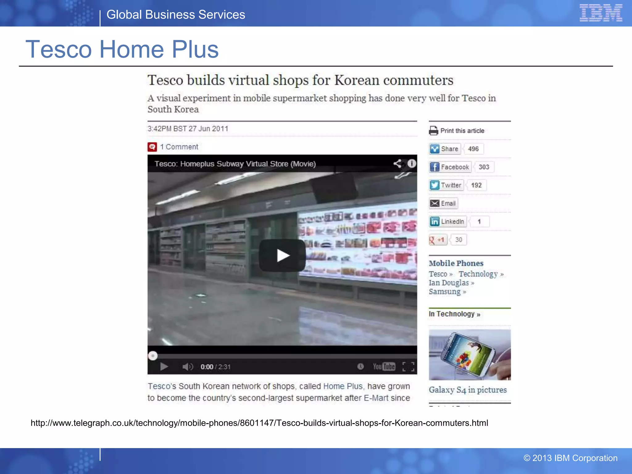 Global Business Services
© 2013 IBM Corporation
Tesco Home Plus
http://www.telegraph.co.uk/technology/mobile-phones/8601147/Tesco-builds-virtual-shops-for-Korean-commuters.html
 