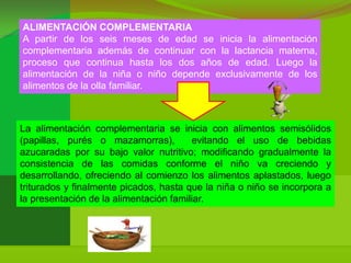 ALIMENTACIÓN COMPLEMENTARIA
A partir de los seis meses de edad se inicia la alimentación
complementaria además de continuar con la lactancia materna,
proceso que continua hasta los dos años de edad. Luego la
alimentación de la niña o niño depende exclusivamente de los
alimentos de la olla familiar.



La alimentación complementaria se inicia con alimentos semisólidos
(papillas, purés o mazamorras),         evitando el uso de bebidas
azucaradas por su bajo valor nutritivo; modificando gradualmente la
consistencia de las comidas conforme el niño va creciendo y
desarrollando, ofreciendo al comienzo los alimentos aplastados, luego
triturados y finalmente picados, hasta que la niña o niño se incorpora a
la presentación de la alimentación familiar.
 