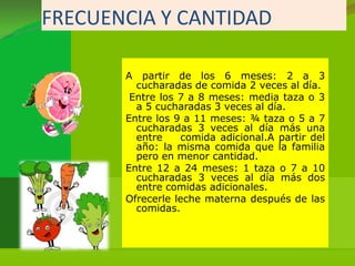 FRECUENCIA Y CANTIDAD

       A partir de los 6 meses: 2 a 3
         cucharadas de comida 2 veces al día.
        Entre los 7 a 8 meses: media taza o 3
         a 5 cucharadas 3 veces al día.
       Entre los 9 a 11 meses: ¾ taza o 5 a 7
         cucharadas 3 veces al día más una
         entre    comida adicional.A partir del
         año: la misma comida que la familia
         pero en menor cantidad.
       Entre 12 a 24 meses: 1 taza o 7 a 10
         cucharadas 3 veces al día más dos
         entre comidas adicionales.
       Ofrecerle leche materna después de las
         comidas.
 