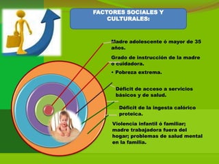 FACTORES SOCIALES Y
    CULTURALES:



    Madre adolescente ó mayor de 35
    años.

    Grado de instrucción de la madre
    ó cuidadora.
    • Pobreza extrema.


      Déficit de acceso a servicios
      básicos y de salud.

       Déficit de la ingesta calórico
       proteica.

     Violencia infantil ó familiar;
     madre trabajadora fuera del
     hogar; problemas de salud mental
     en la familia.
 