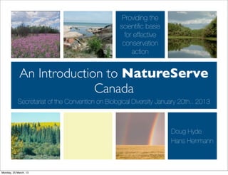 Providing the
                                                  scientiﬁc basis
                                                    for effective
                                                   conservation
                                                       action


             An Introduction to NatureServe
                           Canada
            Secretariat of the Convention on Biological Diversity January 20th.. 2013



                                                                      Doug Hyde
                                                                      Hans Herrmann



Monday, 25 March, 13
 