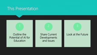 This Presentation
Outline the
Potential of AI for
Education
1
Share Current
Developments
and Issues
2
Look at the Future
3
 
