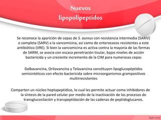 Se reconoce la aparición de cepas de S. aureus con resistencia intermedia (SARIV)
o completa (SARV) a la vancomicina, así como de enterococos resistentes a este
antibiótico (VRE). Si bien la vancomicina es activa contra la mayoría de las formas
de SARM, se asocia con escasa penetración tisular, bajos niveles de acción
bactericida y un creciente incremento de la CIM para numerosas cepas
Dalbavancina, Oritavancina y Telavancina constituyen lipoglucopéptidos
semisintéticos con efecto bactericida sobre microorganismos grampositivos
multirresistentes
Comparten un núcleo heptapeptídico, lo cual les permite actuar como inhibidores de
la síntesis de la pared celular por medio de la inactivación de los procesos de
transglucosilación y transpeptidación de las cadenas de peptidoglucanos.
 