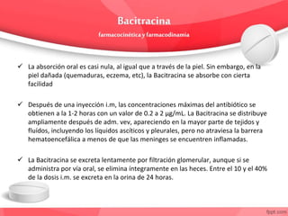  La absorción oral es casi nula, al igual que a través de la piel. Sin embargo, en la
piel dañada (quemaduras, eczema, etc), la Bacitracina se absorbe con cierta
facilidad
 Después de una inyección i.m, las concentraciones máximas del antibiótico se
obtienen a la 1-2 horas con un valor de 0.2 a 2 µg/mL. La Bacitracina se distribuye
ampliamente después de adm. vev, apareciendo en la mayor parte de tejidos y
fluídos, incluyendo los líquidos ascíticos y pleurales, pero no atraviesa la barrera
hematoencefálica a menos de que las meninges se encuentren inflamadas.
 La Bacitracina se excreta lentamente por filtración glomerular, aunque si se
administra por vía oral, se elimina íntegramente en las heces. Entre el 10 y el 40%
de la dosis i.m. se excreta en la orina de 24 horas.
 