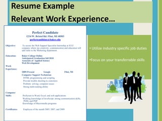 Resume Example
     Relevant Work Experience…
                          Perfect Candidate
                    1234 W. Bristol Rd. Flint, MI 48503
                       perfectcandidate@baker.edu

Objective:       To secure the Web Support Specialist Internship at XYZ
                company where my creativity, communication and education will
                add value to the Marketing department.
                                                                                • Utilize industry specific job duties
Education:      Baker College Online
                Anticipated Graduation fall 2010
                Associate of Applied Science                                    •Focus on your transferrable skills
                Web Development
Work
Experience:
                2009-Present           Google              Flint, MI
                Computer Support Technician
                 HTML programming and scripting
                 Provide trouble shooting to customers
                 Problem solving computer issues
                 Strong multi-tasking ability

Computer
Skills:         Proficient in Word, Excel, and web applications
                Working knowledge of JavaScript, strong communication skills,
                 PERL and PHP
                Knowledge of Macromedia programs

Certificates:    Employee of the month 2005, 2007, and 2009
 
