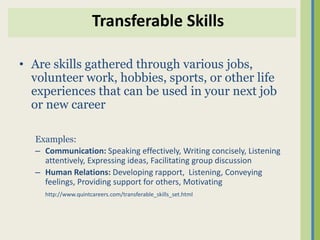 Transferable Skills

• Are skills gathered through various jobs,
  volunteer work, hobbies, sports, or other life
  experiences that can be used in your next job
  or new career

  Examples:
  – Communication: Speaking effectively, Writing concisely, Listening
    attentively, Expressing ideas, Facilitating group discussion
  – Human Relations: Developing rapport, Listening, Conveying
    feelings, Providing support for others, Motivating
    http://www.quintcareers.com/transferable_skills_set.html
 