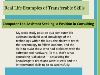 Real Life Examples of Transferable Skills


Computer-Lab Assistant Seeking a Position in Consulting

        My work-study position as a computer-lab
        assistant involved solid knowledge of the
        technology within the labs, the ability to teach
        that technology to fellow students, and the
        skills to assist those who had problems with the
        software and hardware. To me, that's what
        consulting is all about — possessing the
        knowledge to teach and assist clients and the
        interpersonal skills to do so successfully.
 