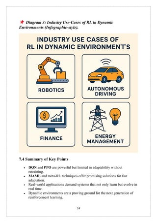 14
Diagram 3: Industry Use-Cases of RL in Dynamic
Environments (Infographic-style).
7.4 Summary of Key Points
• DQN and PPO are powerful but limited in adaptability without
retraining.
• MAML and meta-RL techniques offer promising solutions for fast
adaptation.
• Real-world applications demand systems that not only learn but evolve in
real time.
• Dynamic environments are a proving ground for the next generation of
reinforcement learning.
 