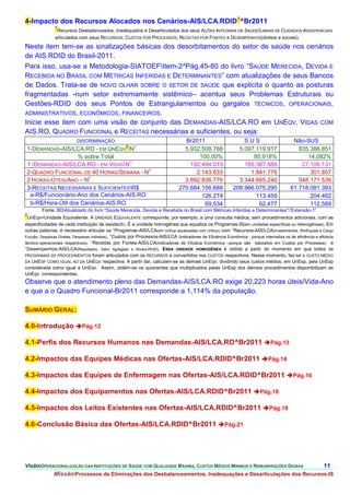 4-Impacto dos Recursos Alocados nos Cenários-AIS/LCA.RDID1^Br2011
               1
                Recursos Desbalanceados, Inadequados e Desarticulados dos seus AÇÕES INTEGRAIS DE SAÚDE/LINHAS DE CUIDADOS ASSISTENCIAIS
               articulados com seus RECURSOS, CUSTOS POR PROCESSOS, RECEITAS POR FONTES e DESEMPENHOS(diretos e sociais).

Neste item tem-se as sinalizações básicas dos desorbitamentos do setor de saúde nos cenários
de AIS.RDID do Brasil-2011.
Para isso, usa-se a Metodologia-SIATOEFItem-2^Pág.45-80 do livro “SAÚDE MERECIDA, DEVIDA E
RECEBIDA NO BRASIL COM MÉTRICAS INFERIDAS E DETERMINANTES” com atualizações de seus Bancos
de Dados. Trata-se de NOVO OLHAR SOBRE O SETOR DE SAÚDE que explicita o quanto as posturas
fragmentadas -num setor extremamente sistêmico– acentua seus Problemas Estruturais ou
Gestões-RDID dos seus Pontos de Estrangulamentos ou gargalos TÉCNICOS, OPERACIONAIS,
ADMINISTRATIVOS, ECONÔMICOS, FINANCEIROS.
Inicie esse item com uma visão de conjunto das DEMANDAS-AIS/LCA.RO em UNEQV, VIDAS COM
AIS.RO, QUADRO FUNCIONAL e RECEITAS necessárias e suficientes, ou seja:
                           DISCRIMINAÇÃO                                          Br2011                         SUS                        Não-SUS
                                                     2   O
 1-DEMANDAS-AIS/LCA.RO - EM UNEQV N                                              5.932.508.768                5.097.119.917                  835.388.851
                    % sobre Total                                                      100,00%                      85,918%                      14,082%
                                     O
 1’-DEMANDAS-AIS/LCA.RO - EM VIDASN                                                192.494.019                  165.387.889                   27.106.131
                                           O
 2-QUADRO FUNCIONAL DE 40 HORAS/SEMANA - N                                            2.143.633                    1.841.776                      301.857
                       O
 2’HORAS-ÚTEIS/ANO – N                                                            3.892.836.776                3.344.665.240                  548.171.536
 3-RECEITAS NECESSÁRIAS E SUFICIENTESR$                                        270.684.156.688              208.966.075.295               61.718.081.393
  a-R$/Funcionário-Ano dos Cenários-AIS.RO                                              126.274                      113.459                      204.462
  b-R$/Hora-Útil dos Cenários-AIS.RO                                                     69,534                       62,477                      112,589
        Fonte: BDAtualizado do livro “Saúde Merecida, Devida e Recebida no Brasil com Métricas Inferidas e Determinantes””Extensão-1”
2
 UnEqv=Unidade Equivalente. A UNIDADE EQUIVALENTE corresponde, por exemplo, a uma consulta médica, sem procedimentos adicionais, com as
especificidades de cada instituição de saúde(IS). É a unidade homogênea que equaliza os Programas-IS(em unidades específicas ou heterogêneas). Em
outras palavras, é necessário articular os *Programas-AIS/LCA(em UnEsp equalizadas com UnEqv) com *Recursos-AIS/LCA(Investimentos, RH/Equipe e Cargo
Função, Despesas Diretas, Despesas Indiretas), *Custos por Processos-AIS/LCA (Indicadores de Eficiência Econômica - porque internaliza os de eficiência e eficácia
técnico-operacionais respectivos), *Receitas por Fontes-AIS/LCA(Indicadoras de Eficácia Econômica –porque são balizados em Custos por Processos) e
*Desempenhos-AIS/LCA(Resultados, Valor Agregado e Níveis-RDID). ESSA UNIDADE HOMOGÊNEA é obtida a partir do momento em que todos os
PROGRAMAS DE PROCEDIMENTOS foram articulados com os RECURSOS e convertidos nos CUSTOS respectivos. Nesse momento, faz-se o CUSTO MÉDIO
DA UNESP COMO IGUAL AO DA UNEQV respectiva. A partir daí, calculam-se as demais UnEqv, dividindo seus custos médios, em UnEsp, pela UnEsp
considerada como igual a UnEqv. Assim, obtém-se os quocientes que multiplicados pelas UnEsp dos demais procedimentos disponibilizam as
UnEqv correspondentes.
Observe que o atendimento pleno das Demandas-AIS/LCA.RO exige 20,223 horas úteis/Vida-Ano
e que a o Quadro Funcional-Br2011 corresponde a 1,114% da população.

SUMÁRIO GERAL:

4.0-Introdução Pág.12

4.1-Perfis dos Recursos Humanos nas Demandas-AIS/LCA.RO^Br2011 Pág.13

4.2-Impactos das Equipes Médicas nas Ofertas-AIS/LCA.RDID^Br2011 Pág.14

4.3-Impactos das Equipes de Enfermagem nas Ofertas-AIS/LCA.RDID^Br2011 Pág.16

4.4-Impactos dos Equipamentos nas Ofertas-AIS/LCA.RDID^Br2011 Pág.18

4.5-Impactos dos Leitos Existentes nas Ofertas-AIS/LCA.RDID^Br2011 Pág.19

4.6-Conclusão Básica das Ofertas-AIS/LCA.RDID^Br2011 Pág.21




VisãoOPERACIONALIZAÇÃO DAS INSTITUIÇÕES DE SAÚDE COM QUALIDADE MÁXIMA, CUSTOS MÉDIOS MÍNIMOS E REMUNERAÇÕES DIGNAS                                         11.
               MissãoProcessos de Eliminações dos Desbalanceamentos, Inadequações e Desarticulações dos Recursos-IS
 