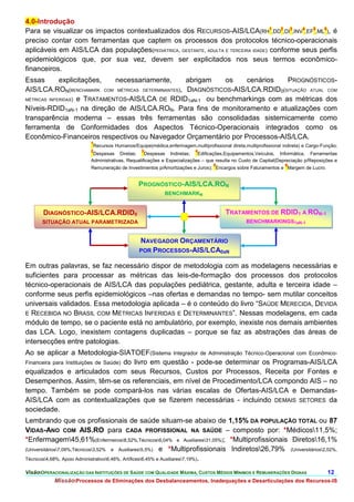 4.0-Introdução
Para se visualizar os impactos contextualizados dos RECURSOS-AIS/LCA(RH1,DD2,DI3,INV4,EF5,ML6), é
preciso contar com ferramentas que captem os processos dos protocolos técnico-operacionais
aplicáveis em AIS/LCA das populações(PEDIÁTRICA, GESTANTE, ADULTA E TERCEIRA IDADE) conforme seus perfis
epidemiológicos que, por sua vez, devem ser explicitados nos seus termos econômico-
financeiros.
Essas        explicitações,   necessariamente,      abrigam    os    cenários   PROGNÓSTICOS-
AIS/LCA.RON(BENCHAMARK COM MÉTRICAS DETERMINANTES), DIAGNÓSTICOS-AIS/LCA.RDID0(SITUAÇÃO ATUAL COM
MÉTRICAS INFERIDAS) e TRATAMENTOS-AIS/LCA DE RDID1aN-1 ou benchmarkings com as métricas dos

Níveis-RDID1aN-1 na direção de AIS/LCA.RON. Para fins de monitoramento e atualizações com
transparência moderna – essas três ferramentas são consolidadas sistemicamente como
ferramenta de Conformidades dos Aspectos Técnico-Operacionais integrados como os
Econômico-Financeiros respectivos ou Navegador Orçamentário por Processos-AIS/LCA.
                          1
                           Recursos Humanos/Equipe(médica,enfermagem,multiprofissional direta,multiprofissional indireta) e Cargo-Função;
                          2                     3                        4
                           Despesas Diretas;       Despesas Indiretas;     Edificações,Equipamentos,Veículos, Informática, Ferramentas
                          Administrativas, Requalificações e Especializações – que resulta no Custo de Capital(Depreciação p/Reposições e
                                                                                 5                               6
                          Remuneração de Investimentos p/Amortizações e Juros); Encargos sobre Faturamentos e Margem de Lucro.


                                               PROGNÓSTICO-AIS/LCA.RON
                                                           BENCHMARKN


       DIAGNÓSTICO-AIS/LCA.RDID0                                                      TRATAMENTOS DE RDID1 A RON-1
      SITUAÇÃO ATUAL PARAMETRIZADA                                                             BENCHMARKINGS1aN-1


                                               NAVEGADOR ORÇAMENTÁRIO
                                               POR PROCESSOS-AIS/LCA0aN

Em outras palavras, se faz necessário dispor de metodologia com as modelagens necessárias e
suficientes para processar as métricas das leis-de-formação dos processos dos protocolos
técnico-operacionais de AIS/LCA das populações pediátrica, gestante, adulta e terceira idade –
conforme seus perfis epidemiológicos –nas ofertas e demandas no tempo- sem mutilar conceitos
universais validados. Essa metodologia aplicada – é o conteúdo do livro “SAÚDE MERECIDA, DEVIDA
E RECEBIDA NO BRASIL COM MÉTRICAS INFERIDAS E DETERMINANTES”. Nessas modelagens, em cada
módulo de tempo, se o paciente está no ambulatório, por exemplo, inexiste nos demais ambientes
das LCA. Logo, inexistem contagens duplicadas – porque se faz as abstrações das áreas de
intersecções entre patologias.
Ao se aplicar a Metodologia-SIATOEF(Sistema Integrador de Administração Técnico-Operacional com Econômico-
Financeira para Instituições de Saúde) do livro em questão - pode-se determinar os Programas-AIS/LCA
equalizados e articulados com seus Recursos, Custos por Processos, Receita por Fontes e
Desempenhos. Assim, têm-se os referenciais, em nível de Procedimento/LCA compondo AIS – no
tempo. Também se pode compará-los nas várias escalas de Ofertas-AIS/LCA e Demandas-
AIS/LCA com as contextualizações que se fizerem necessárias - incluindo DEMAIS SETORES da
sociedade.
Lembrando que os profissionais de saúde situam-se abaixo de 1,15% DA POPULAÇÃO TOTAL ou 87
VIDAS-ANO COM AIS.RO para CADA PROFISSIONAL NA SAÚDE – composto por: *Médicos11,5%;
*Enfermagem45,61%(Enfermeiros8,52%,Técnicos6,04% e Auxiliares31,05%); *Multiprofissionais Diretos16,1%
(Universitários7,09%,Técnicos3,52% e Auxiliares5,5%) e *Multiprofissionais Indiretos26,79% (Universitários2,02%,
Técnicos4,68%, Apoio Administrativo6,46%, Artífices6,45% e Auxiliares7,19%).

VisãoOPERACIONALIZAÇÃO DAS INSTITUIÇÕES DE SAÚDE COM QUALIDADE MÁXIMA, CUSTOS MÉDIOS MÍNIMOS E REMUNERAÇÕES DIGNAS                 12.
           MissãoProcessos de Eliminações dos Desbalanceamentos, Inadequações e Desarticulações dos Recursos-IS
 