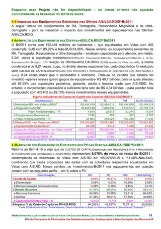 Enquanto esse Projeto não for disponibilizado – os                                          DEMAIS SETORES             não apoiarão
concretamente as DEMANDAS do SETOR DE SAÚDE.

4.4-Impactos dos Equipamentos Existentes nas Ofertas-AIS/LCA.RDID^Br2011
A seguir têm-se os equipamentos de RX, Tomografia, Ressonância Magnética e de Ultra-
Sonografia - para se visualizar o impacto dos investimentos em equipamentos nas Ofertas-
AIS/LCA.RDID.
4.4a-IMPACTO DOS EQUIPAMENTOS NAS OFERTAS-AIS/LCA.RDID^BR2011
O Br2011 conta com 192,494 milhões de habitantes – que equalizadas em Vidas com AIS
contempla: SUS com 85,92% e Não-SUS14,08%. Nesse cenário, os equipamentos existentes de
RX, Tomografia, Ressonância e Ultra-Sonografia – sinalizam capacidade para atender, em média,
6,241 vezes a população brasileira(RX=8,573VEZES, TOMOGRAFIA=3,89VEZES, RESSONÂNCIA=3,306VEZES E ULTRA-
SONOGRAFIA=10,124VEZES). Em relação às Ofertas-AIS/LCA.RDID(130,026 MILHÕES DE VIDAS COM AIS), a média
ponderada é de 9,24 vezes. Logo, no âmbito desses equipamentos, cada diagnóstico foi realizado
com CUSTOS DE CAPITAL(DRDEPRECIAÇÃO PARA REPOSIÇÕES E RIREMUNERAÇÃO DE INVESTIMENTOS PARA AMORTIZAÇÕES E
JUROS) 9,24 vezes maior que o necessário e suficiente. Trata-se de cenário que sinaliza ter
investido -apenas nesses quatro grupos de equipamentos- R$ 40,1 bilhões, com os quais atendeu
até 67,55% das populações pediátrica, gestante, adulta e terceira idade com AIS.RDID. No
entanto, o INVESTIMENTO necessário e suficiente teria sido de R$ 4,34 bilhões – para atender toda
a população com AIS.RO ou 89,18% menos investimentos nesses equipamentos.
                Alguns Indicadores de Custos de Capital nos Cenários-AIS/LCA.RDIDBr2011
                  DISCRIMINAÇÃO                       RX            TC            RM       ULTRA-SONOG
                                  o
1-Demandas-RO - em Vidas c/AISN                   192.494.019   192.494.019   192.494.019   192.494.019
                      o
 a.Diagnósticos-AnoN                               39.458.230     7.439.936     3.610.557    23.179.718
                                      o
            Vidas-Ano/Diagnóstico - N                    4,878        25,873        53,314         8,304
 b.Equipamentos Necessários                              7.742           774           387         2.710
                             o
 c.Vidas-Ano/Equipamento - N                            24.863       248.625       497.250        71.036
                                    o
2-Ofertas-RDID - em Vidas com AISN                130.025.862   130.025.862   130.025.862   130.025.862
                             o
 a.Equipamentos ExistentesN                            66.378         3.012         1.280        27.433
                                               o
3-Capac-Ano Equip.Existentes - em Vidas cAISN   1.650.323.025   748.858.500   636.480.000 1.948.722.750
 a.Capacidade/Demandas-RO - Ki                           8,573         3,890         3,306        10,124
 b-Capacidade/Ofertas-RDID - Ki                         12,692         5,759         4,895        14,987
       Fonte: BDAtualizado do livro “Saúde Merecida, Devida e Recebida no Brasil com Métricas Inferidas e Determinantes””Extensão-1”

4.4b-IMPACTO DOS EQUIPAMENTOS EXISTENTES NOS PV DAS OFERTAS-AIS/LCA.RDID^BR2011
Retorne ao Item-4.1b e veja que os CUSTOS DE CAPITAL(Depreciação para Reposições3,413% e Remuneração
de Investimentos para Amortizações e Juros4,663%) representam 8,076% do PREÇO DE VENDA do Br2011 –
contemplando as coberturas de Vidas com AIS.RO de: *85,92%SUS e *14,08%Não-SUS.
Lembrando que essas proporções são dadas com as coberturas respectivas equalizadas em
Vidas com AIS.RO. Nesse cenário, os Investimentos-Br2011 nos equipamentos em questão
contam com os seguintes perfis – em % sobre o PV:
                         Discriminação                                      RX                TC               RM           Ultra-Sonog
1-Custo de Capital                                                            8,06%           10,41%           19,84%              4,49%
 a.Depreciação                                                                3,58%            5,23%           10,39%              2,08%
 b.Rememuneração de Investimentos                                             4,48%            5,18%            9,45%              2,41%
2-Demais Recursos                                                            91,94%           89,59%           80,16%             95,51%
 a.Recursos Humanos                                                          64,56%           33,58%           22,31%             64,62%
 b.Demais                                                                    27,38%           56,01%           57,85%             30,89%
 3-Capacidade/Ofertas-RDID - Ki                                               12,692            5,759            4,895             14,987
4-Impacto % do Custo de Capital no PV-AIS.RDID                              94,259%          49,537%          77,271%            62,838%
       Fonte: BDAtualizado do livro “Saúde Merecida, Devida e Recebida no Brasil com Métricas Inferidas e Determinantes””Extensão-1”


VisãoOPERACIONALIZAÇÃO DAS INSTITUIÇÕES DE SAÚDE COM QUALIDADE MÁXIMA, CUSTOS MÉDIOS MÍNIMOS E REMUNERAÇÕES DIGNAS                      18.
            MissãoProcessos de Eliminações dos Desbalanceamentos, Inadequações e Desarticulações dos Recursos-IS
 