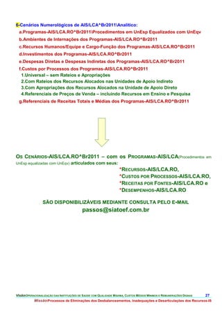 6-Cenários Numerológicos de AIS/LCA^Br2011Analítico:
  a.Programas-AIS/LCA.RO^Br2011Procedimentos em UnEsp Equalizados com UnEqv
  b.Ambientes de Internações dos Programas-AIS/LCA.RO^Br2011
  c.Recursos Humanos/Equipe e Cargo-Função dos Programas-AIS/LCA.RO^Br2011
  d.Investimentos dos Programas-AIS/LCA.RO^Br2011
  e.Despesas Diretas e Despesas Indiretas dos Programas-AIS/LCA.RO^Br2011
  f.Custos por Processos dos Programas-AIS/LCA.RO^Br2011
    1.Universal – sem Rateios e Apropriações
    2.Com Rateios dos Recursos Alocados nas Unidades de Apoio Indireto
    3.Com Apropriações dos Recursos Alocados na Unidade de Apoio Direto
    4.Referenciais de Preços de Venda – incluindo Recursos em Ensino e Pesquisa
  g.Referenciais de Receitas Totais e Médias dos Programas-AIS/LCA.RO^Br2011




OS CENÁRIOS-AIS/LCA.RO^Br2011 – com os PROGRAMAS-AIS/LCA(Procedimentos                                                em
UnEsp equalizadas com UnEqv)       articulados com seus:
                                                                   *RECURSOS-AIS/LCA.RO,
                                                                   *CUSTOS POR PROCESSOS-AIS/LCA.RO,
                                                                   *RECEITAS POR FONTES-AIS/LCA.RO e
                                                                   *DESEMPENHOS-AIS/LCA.RO

                 SÃO DISPONIBILIZÁVEIS MEDIANTE CONSULTA PELO E-MAIL
                                           passos@siatoef.com.br




VisãoOPERACIONALIZAÇÃO DAS INSTITUIÇÕES DE SAÚDE COM QUALIDADE MÁXIMA, CUSTOS MÉDIOS MÍNIMOS E REMUNERAÇÕES DIGNAS   27.
           MissãoProcessos de Eliminações dos Desbalanceamentos, Inadequações e Desarticulações dos Recursos-IS
 