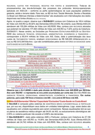 RECURSOS, CUSTOS POR PROCESSOS, RECEITAS POR FONTES               e DESEMPENHOS. Trata-se de
processamentos das leis-de-formação dos processos dos protocolos técnico-operacionais
aplicáveis em AIS/LCA – conforme os perfis epidemiológicos de suas populações pediátrica
gestante, adulta e terceira idade. Para isso, os BD do livro “Saúde Merecida, Devida e Recebida
no Brasil com Métricas Inferidas e Determinantes” são atualizados com internalizações dos dados
disponíveis nas fontes oficiais(PÚBLICAS E PRIVADAS).
Agora, no quadro a seguir, observe que o SUSBr2011 contava com Cobertura de 165,4 milhões
de Vidas com AIS.RO ou 85,92% das Demandas-AIS/LCA.RO. No entanto, suas Ofertas-AIS/LCA
atenderam até 105,284 milhões de Vidas com AIS.RDID. Mas, contava com RECURSOS alocados
que poderiam ter atendido 177,494 milhões de Vidas com AIS.RO ou 7,32% acima da Cobertura-
SUSBr2011. Nesse cenário, as Exclusões por PROBLEMAS ESTRUTURAIS-AIS/LCA ou GESTÕES-
RDID dos GARGALOS TÉCNICOS, OPERACIONAIS, ADMINISTRATIVOS, ECONÔMICOS e FINANCEIROS –
correspondem a 85,914 milhões de Vidas com AIS. Estas, dada a potencialização dos seus
custos de TRATAMENTOS TARDIOS, sinalizam DESECONOMIAS de R$ 928,295 trilhão/ano(92,08% do
total) ou R$ 5.612,84/Vida-Ano - que são contabilizadas pelos DEMAIS SETORES DA SOCIEDADE como
CUSTO-SAÚDE NO CUSTO-BRASIL.

                                 DISCRIMINAÇÃO                                                                           SUS
I.Demandas-AIS/LCA em Vidas com AIS.RONo                                                                               165.387.889
I’.Receitas-AIS.ROR$                                                                                               208.966.075.295
                           R$/Vida-Ano com AIS.RO                                                                         1.263,491
II.Ofertas-AIS/LCA em Vidas com AIS.RDIDNo                                                                             105.283.830
                 (Vidas com AIS.RDID)/(Vidas com AIS.RO) - %                                                                63,66%
II’.Receitas-AIS.RDID – sinalizadas como disponibilizadasR$                                                        224.262.128.858
                          R$/Vida-Ano com AIS.RDID                                                                        2.130,072
                       (Receitas.RDID)/(Receitas.RO) - %                                                                      7,32%
               (R$/Vida com AIS.RDID/(R$/Vida com AIS.RO): Ki                                                               1,68586
III.Capacidade de Atendimento com Recursos DisponíveisVidas cAIS.RONo                                                 177.494.074
            (Capacidade de Atendimento)/(Demandas-AIS.RO) - Ki                                                              1,07320
IV.Exclusões de Vidas com AISNo                                                                                         60.104.059
   1.Exclusões por Gestões-RDIDNo                                                                                       85.913.813
   2.Exclusões por Falta de RecursosNo                                                                                 -25.809.754
V.Custo-Saúde no Custo-BrasilR$                                                                                    928.295.068.330
                 Custo-Saúde no Custo-Brasil em R$/Vida-Ano                                                                5.612,84
          (Custo-Saúde no Custo-Brasil)/(Receitas-AIS/LCA.RO) - Ki                                                             4,442
       Fonte: BDAtualizado do livro “Saúde Merecida, Devida e Recebida no Brasil com Métricas Inferidas e Determinantes””Extensão-1”
Observe que o Ki=1,68586 é dado pela divisão de R$/Vida-Ano com AIS.RDID por R$/Vida-
Ano com AIS.RO – e representa as EXCLUSÕES acumuladas por conta das GESTÕES-RDID dos
GARGALOS TÉCNICOS, OPERACIONAIS, ADMINISTRATIVOS, ECONÔMICOS e FINANCEIROS. Em outras
palavras, para cada 100 VIDAS ATENDIDAS COM AIS – EXCLUEM-SE 69 VIDAS COM AIS.
2.4-Não-SUSDemandas^Ofertas^Capacidade^Exclusões^Custo-Saúde no Custo-Brasil
O NÃO-SUS é composto pelos sistemas de ASSISTÊNCIA MÉDICA SUPLEMENTAR(AMS) e PARTICULAR
que, por sua vez, disponibilizam seus dados em unidades heterogêneas. Logo, esses dados são
equalizados com unidade equivalente para serem comparáveis. Nessas equalizações tem-se que
os planos de assistência médica atingem até 54,6% de AIS, os exclusivamente odontológicos até
2,55% e o sistema particular não excede a 0,496% das demandas.
O Não-SUSBr2011 –dado pelos sistemas AMS e Particular- contava com Cobertura de 27,106
milhões de Vidas com AIS.RO ou 14,08% das Demandas-AIS/LCA.RO. Suas Ofertas-AIS/LCA
atenderam até 24,742 milhões de Vidas com AIS.RDID. Mas, contava com RECURSOS alocados

VisãoOPERACIONALIZAÇÃO DAS INSTITUIÇÕES DE SAÚDE COM QUALIDADE MÁXIMA, CUSTOS MÉDIOS MÍNIMOS E REMUNERAÇÕES DIGNAS                      5.
            MissãoProcessos de Eliminações dos Desbalanceamentos, Inadequações e Desarticulações dos Recursos-IS
 