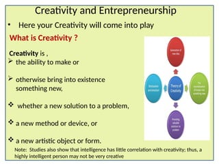 • Here your Creativity will come into play
What is Creativity ?
Creativity is ,
 the ability to make or
 otherwise bring into existence
something new,
 whether a new solution to a problem,
 a new method or device, or
 a new artistic object or form.
Note: Studies also show that intelligence has little correlation with creativity; thus, a
highly intelligent person may not be very creative
Creativity and Entrepreneurship
 