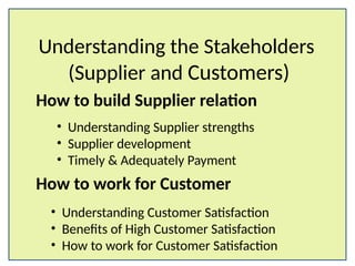 Understanding the Stakeholders
(Supplier and Customers)
• Understanding Customer Satisfaction
• Benefits of High Customer Satisfaction
• How to work for Customer Satisfaction
• Understanding Supplier strengths
• Supplier development
• Timely & Adequately Payment
How to build Supplier relation
How to work for Customer
 